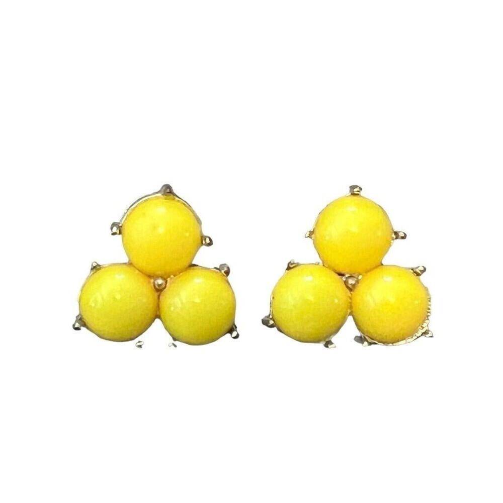 Yellow Tri-Bead Cabochon Post Earrings 3/4" Triangle